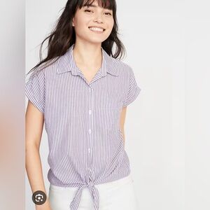 Relaxed Vertical-Stripe Cap-Sleeve Shirt - S